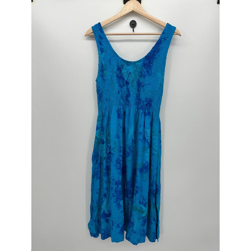 Bali Batiks Blue Tie Dye Midi Dress Women Sz S Boho Artisan Resort Coastal Indie - Picture 2 of 8